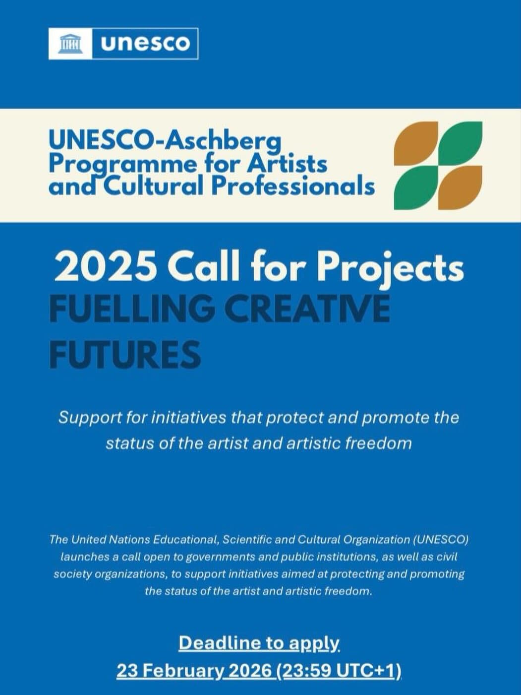 🎨✨ CALL FOR PROJECTS UNESCO Aschberg Programme 2025Are you working to protect artists’ rights
